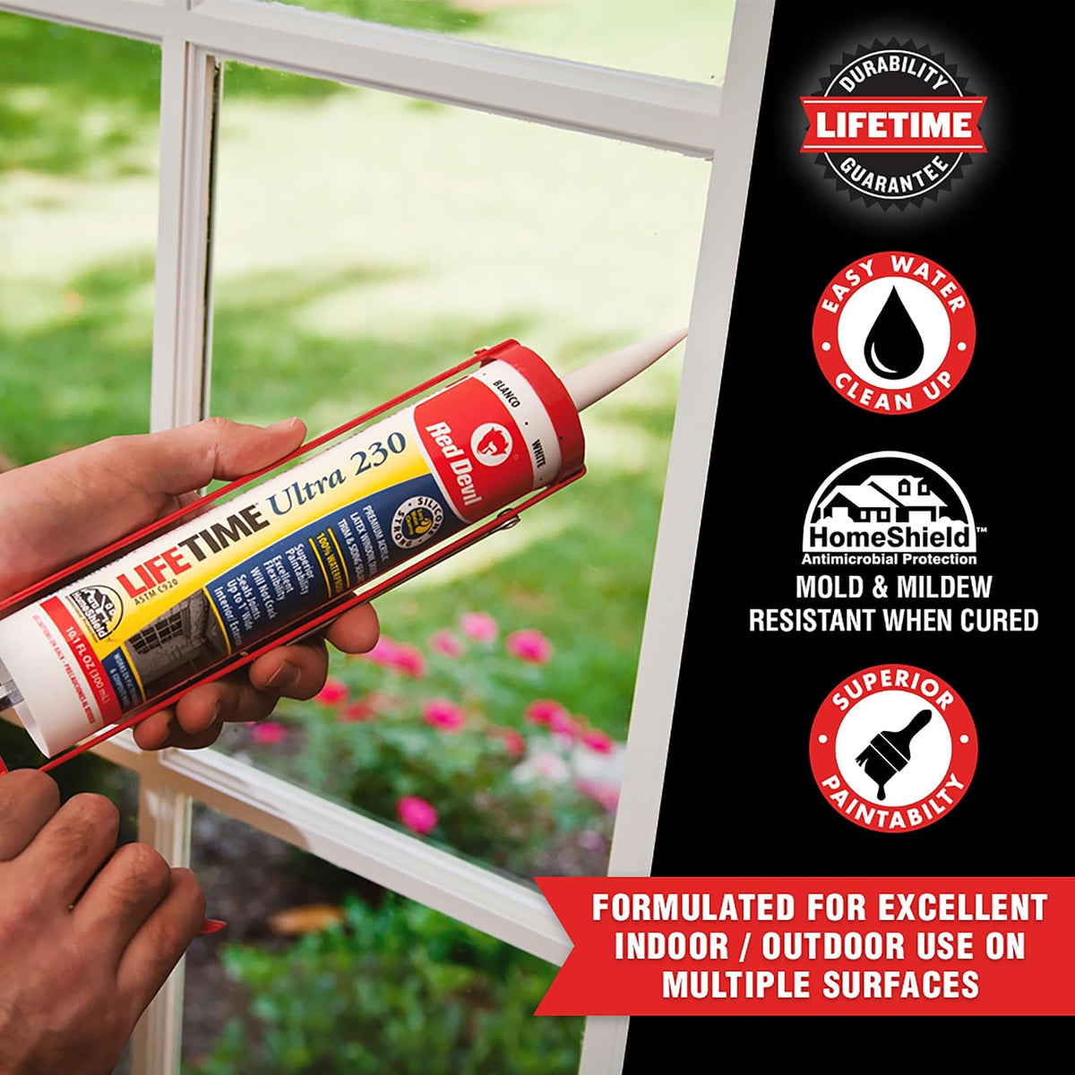 Red Devil 077020 230 Lifetime Ultra Premium Sellador de látex acrílico elastomérico, 10 onzas, almendra