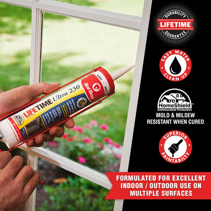 Red Devil 077020 230 Lifetime Ultra Premium Sellador de látex acrílico elastomérico, 10 onzas, almendra