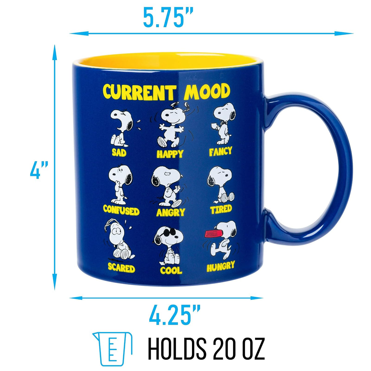 Silver Buffalo Peanuts Snoopy Moods Taza de cerámica de 20 onzas