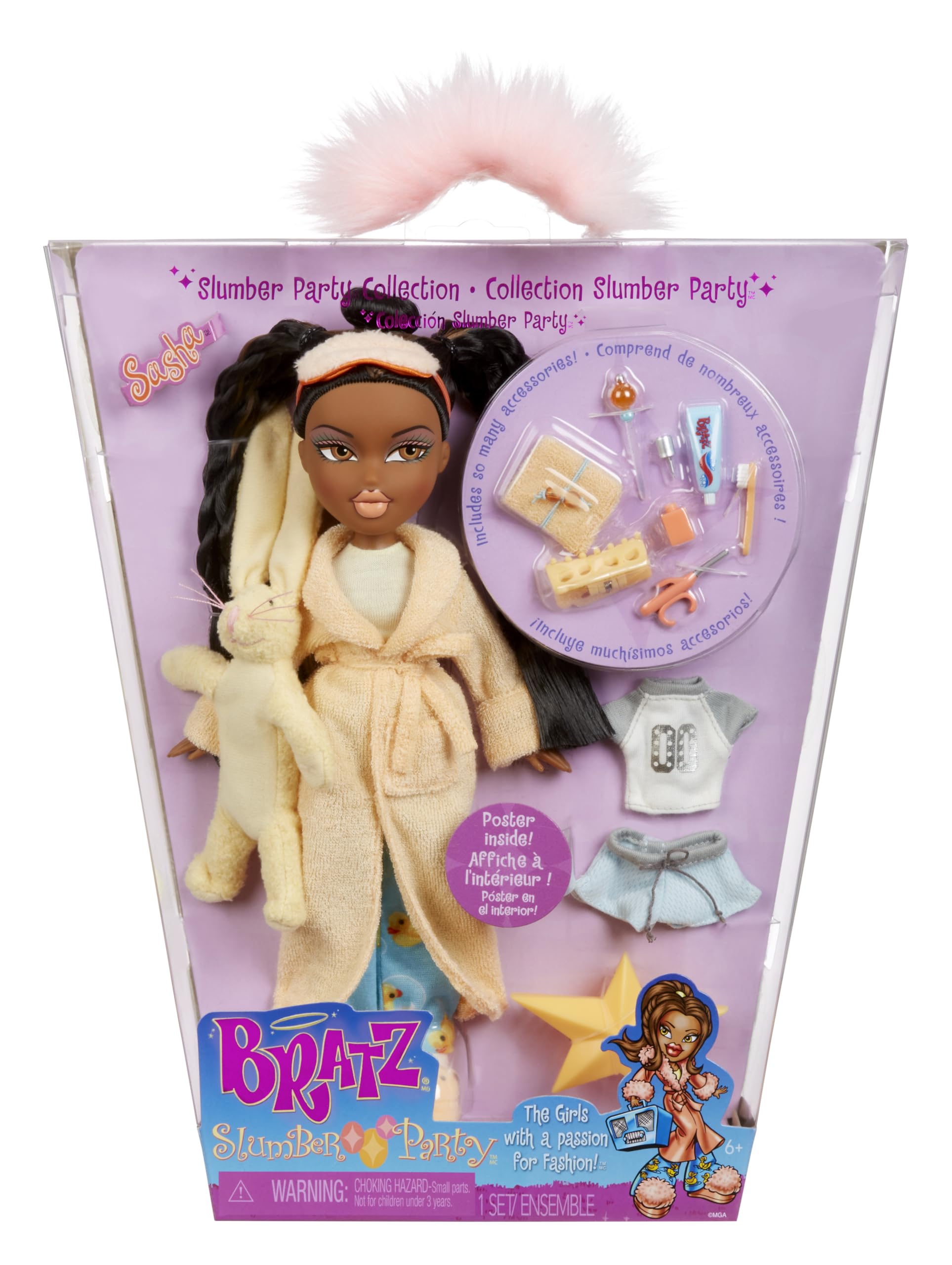 Bratz Muñeca Sasha Slumber Party - Incluye 2 Conjuntos de Pijamas para Combinar como Tu Quieras, Su Estilo Único de Cabello Negro con Reflejos Marrones en Coletas y Maquillaje Tono Durazno.