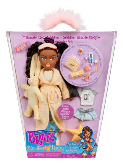 Bratz Muñeca Sasha Slumber Party - Incluye 2 Conjuntos de Pijamas para Combinar como Tu Quieras, Su Estilo Único de Cabello Negro con Reflejos Marrones en Coletas y Maquillaje Tono Durazno.
