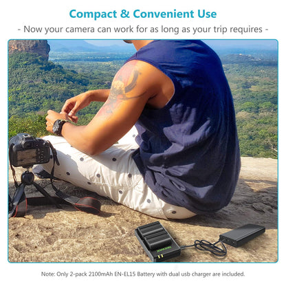 NEEWER EN-EL15 Juego de Cargador de Batería Compatible con Baterías Nikon Z5, Z6, Z6 II, Z7, Z7II, D780, D850, D7500, 1V1, D500, D750, D800, D7000, D7100, D7200(2 Piezas,2100mAh),No Compatible con Z8
