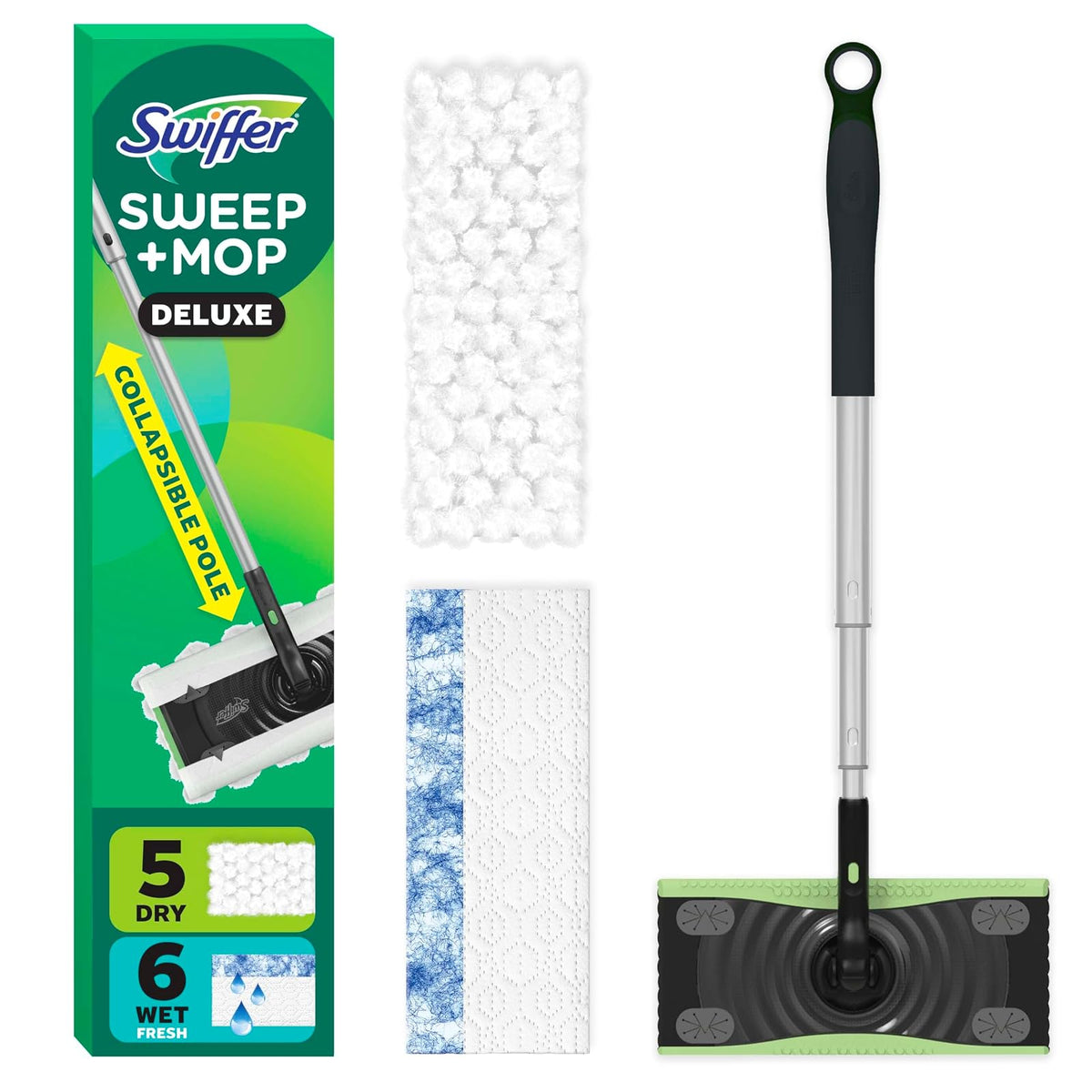 Swiffer Sweep and Mop Deluxe, 2 en 1 Kit de Limpieza y Barrido de Suelo, 1 Dispositivo, 5 recambios de Barrido, 12 recambios de trapeador