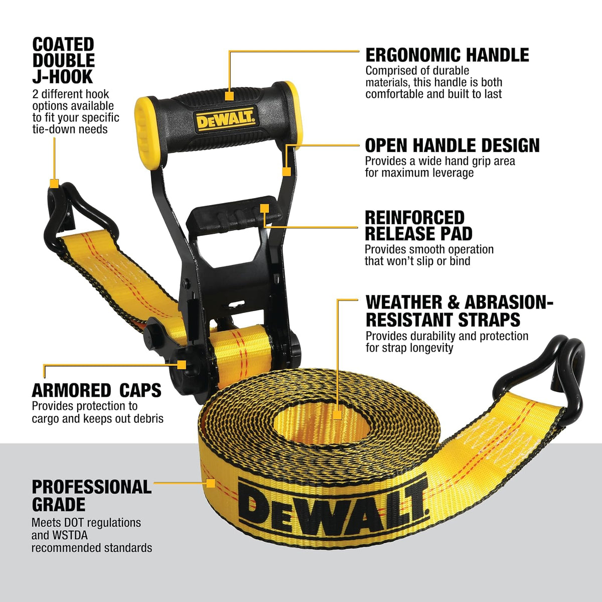 DEWALT DXBC10000J Correa de Amarre de Carraca de 2 Pulgadas x 27 Pies con Doble Gancho en J, Negro/Amarillo, 10 LB de Rotura