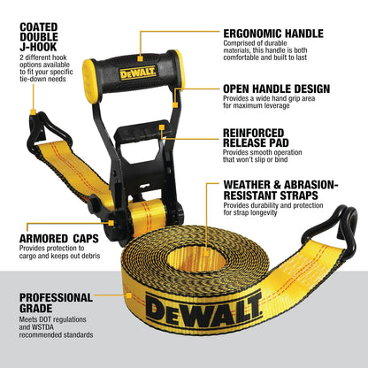 DEWALT DXBC10000J Correa de Amarre de Carraca de 2 Pulgadas x 27 Pies con Doble Gancho en J, Negro/Amarillo, 10 LB de Rotura