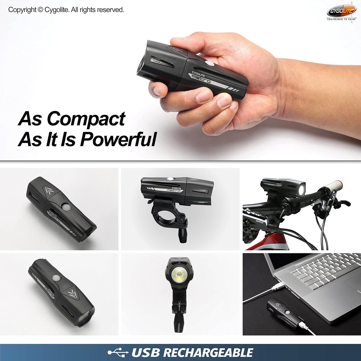 Cygo Lite Metro Pro - Luz de Bicicleta de 1.100 lúmenes, 9 Modos nocturnos y de día, Compacto y Duradero, Resistente al Agua, IP67, Soporte Duro Seguro, Faro Recargable USB, para Carretera, montaña,