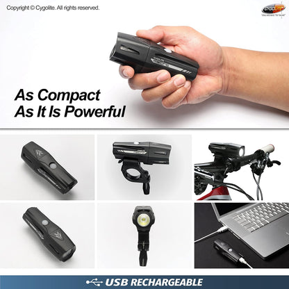 Cygo Lite Metro Pro - Luz de Bicicleta de 1.100 lúmenes, 9 Modos nocturnos y de día, Compacto y Duradero, Resistente al Agua, IP67, Soporte Duro Seguro, Faro Recargable USB, para Carretera, montaña,