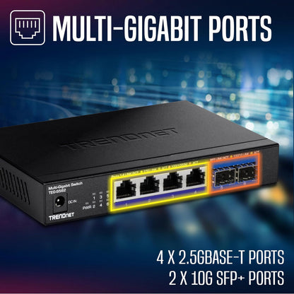 TRENDnet - Interruptor multigig no administrado de 6 Puertos, 4 Puertos 2.5GBASE-T, 2 Puertos SFP+ de 10 G sin Ventilador, diseño Compacto de computadora, Carcasa de Metal, Interruptor Ethernet de