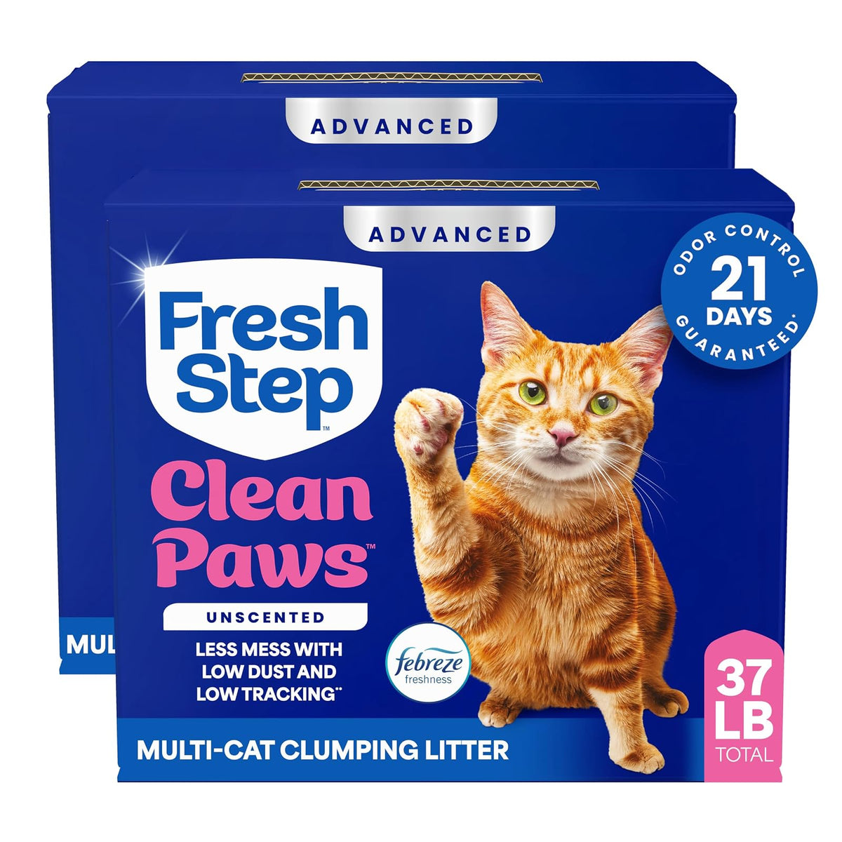 Fresh Step Advanced Clean Paws Arena para Gatos Aglutinante, de Bajo Rastro, Patas Limpias, con Control de Olores, 37 Libras (16.8 kg) en Total (2 packs de 18.5 libras).
