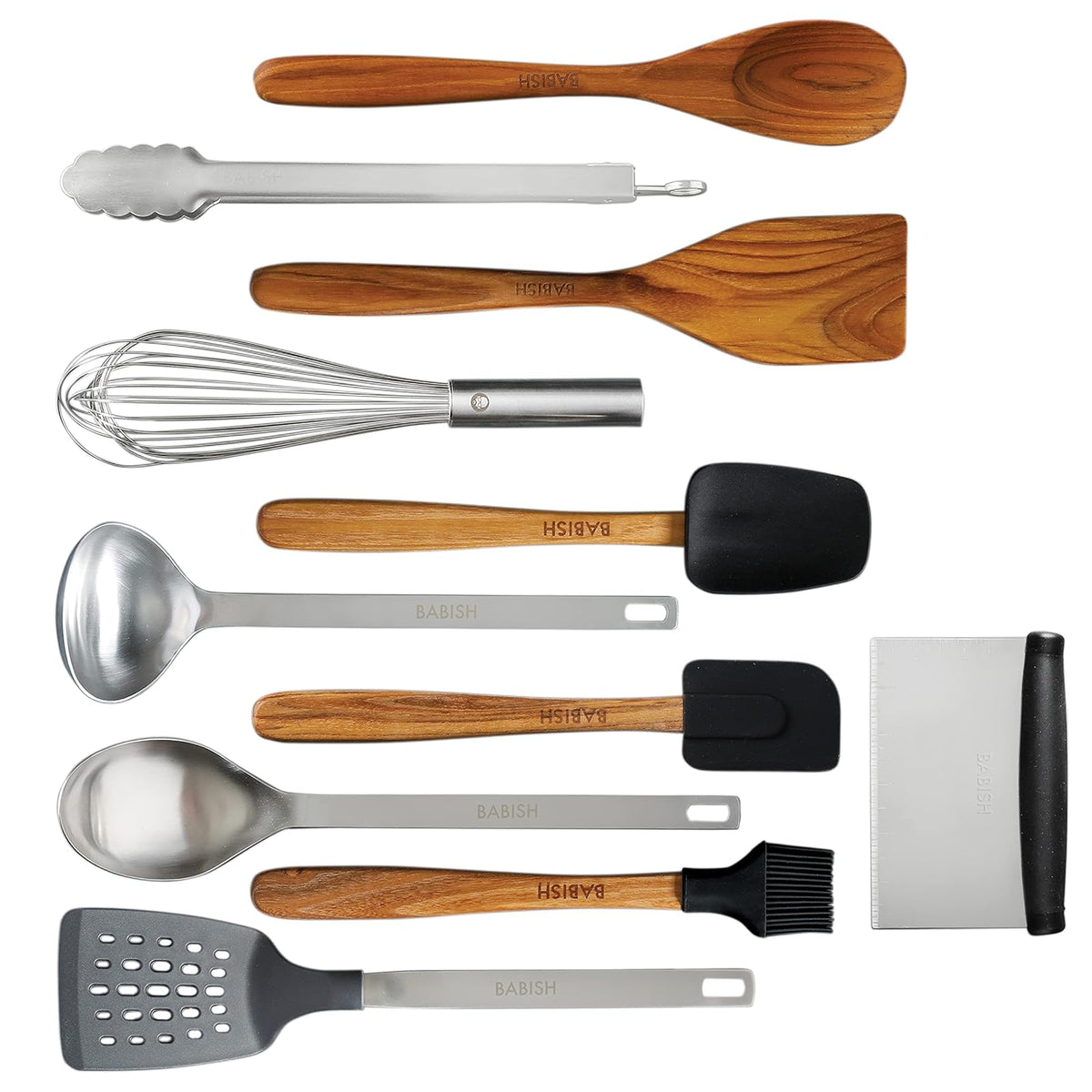 Babish - Juego de herramientas esenciales de madera de teca, silicona y acero inoxidable, 11 piezas