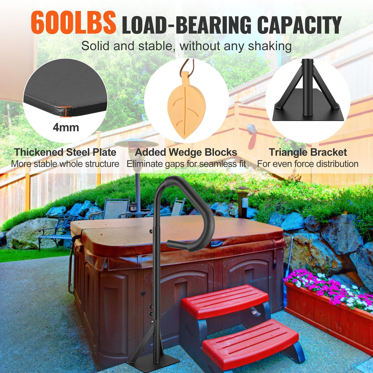 VEVOR Pasamanos Lateral para Spa 54,2x37x160 cm Pasamanos de Jacuzzi Giratorio de 360​​​​° Altura Ajustable 122,92-160 cm Carga 272 kg Base de Montaje Deslizante de Aluminio Antioxidante para Bañera