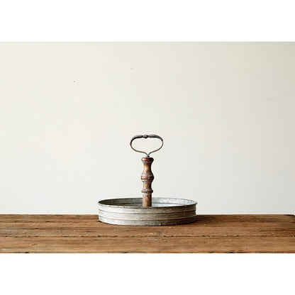 Creative Co-Op DA6875 Bandeja Decorativa Redonda de Metal y Mango de Madera, Color Plateado