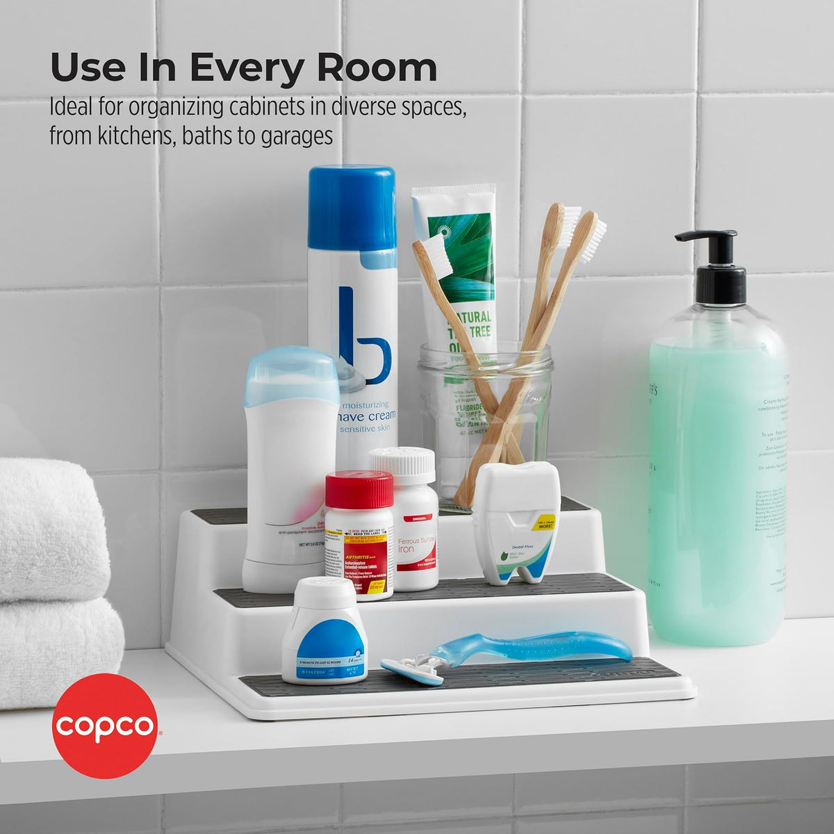Copco 5257350 - Organizador antideslizante para armario de cocina, 3 niveles, color gris 2, 2 unidades