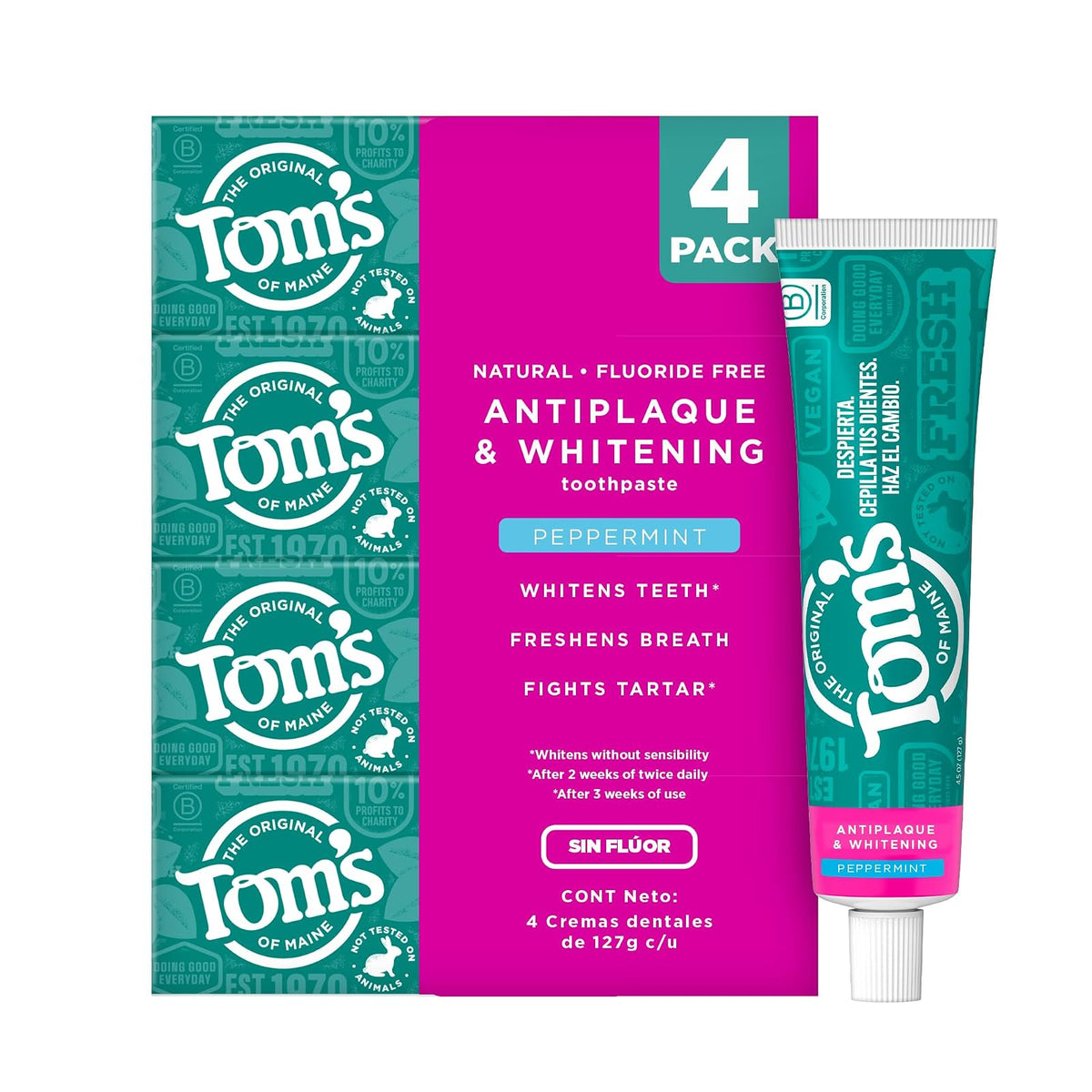 Tom's of Maine Pasta Dental sin Fluór Blanqueadora Antiplaca 4 pack | Combate la Formación de Sarro, Dientes más Blancos con Ingredientes Naturales