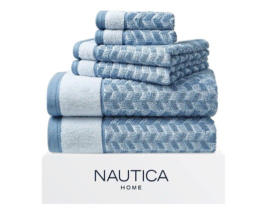 Nautica - Toallas de baño, Altamente absorbentes y Suaves, Esenciales de baño, Certificado Oeko-Tex (Zane Chevron Azul, 6 Piezas)