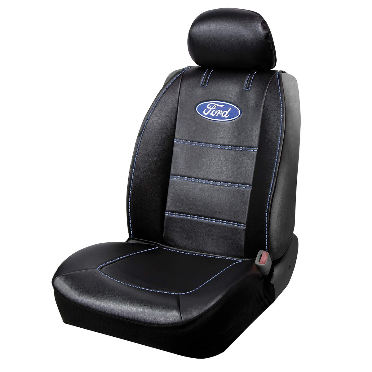 Plasticolor 008625R01 - Funda de Asiento para Ford Deluxe con Logotipo incrustado, Costuras de Alto Contraste, 3 Piezas, sin Laterales, para Automóvil, camión o SUV, con Bolsillo de Carga, Color Negro
