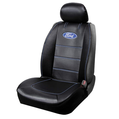 Plasticolor 008625R01 - Funda de Asiento para Ford Deluxe con Logotipo incrustado, Costuras de Alto Contraste, 3 Piezas, sin Laterales, para Automóvil, camión o SUV, con Bolsillo de Carga, Color Negro