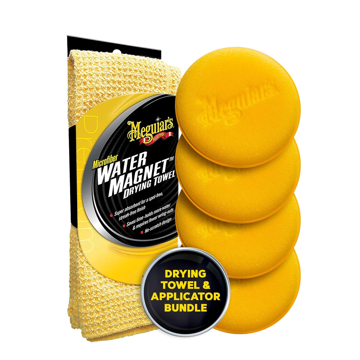 Meguiar's X2000 Toalla de Secado de Microfibra con Imán de Agua, Amarilla - 22" x 30" - Toalla + Aplicadores W0004 4 Piezas