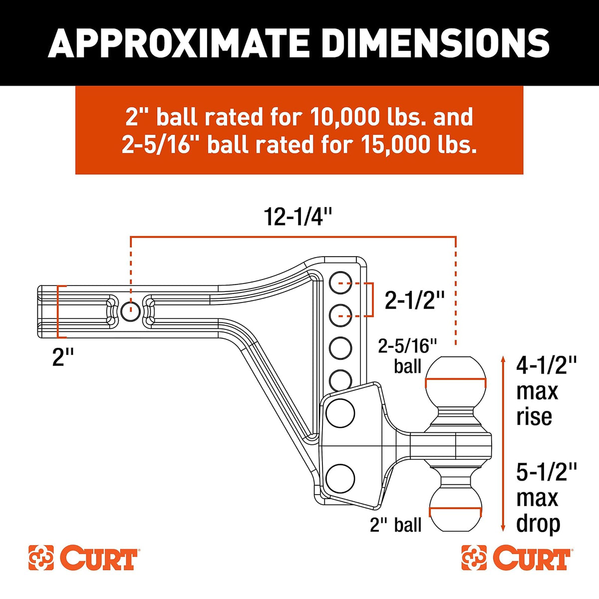 Curt - Montaje de Doble Bola para Enganche de Remolque, Ajustable, 45935, vástago de 5 cm, hasta 6,803 kg
