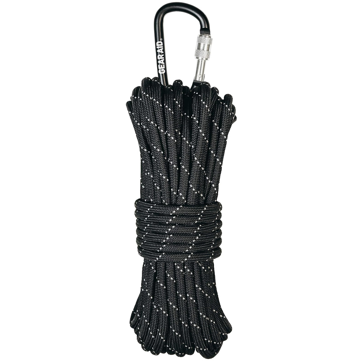 GEAR AID 1100 - Cuerda de paracaídas y mosquetón, 5,5 mm, Resistente para Camping y Supervivencia, Color Negro reflectivo, 50 pies