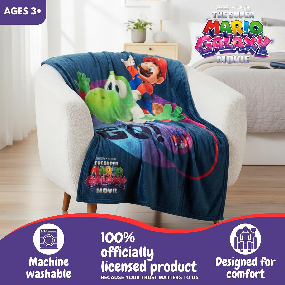 Franco Collectibles - Manta Decorativa de Super Mario Galaxy, Suave y acogedora para sofá, Cama o Sala de Juegos (Producto 100% con Licencia Oficial)