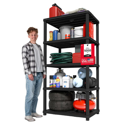 IRIS USA Estantería de Plástico Resistente de 5 Niveles, Capacidad de 340kg, 190.2 cm de Alto x 60.6 cm de Ancho x 91.1 cm de Profundidad, Estante Grande para Almacenamiento en Garaje, Negro