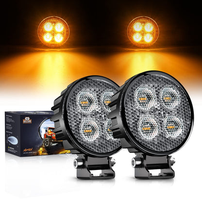 Nilight - 2 unidades de 3 pulgadas y 12 W ámbar redondo LED amarillo luz de conducción de 90° haz de inundación integrado EMC luces antiniebla laterales todoterreno para tractor, camión, motocicleta, barco, SUV, ATV UTV, 5 años de garantía - Ámbar