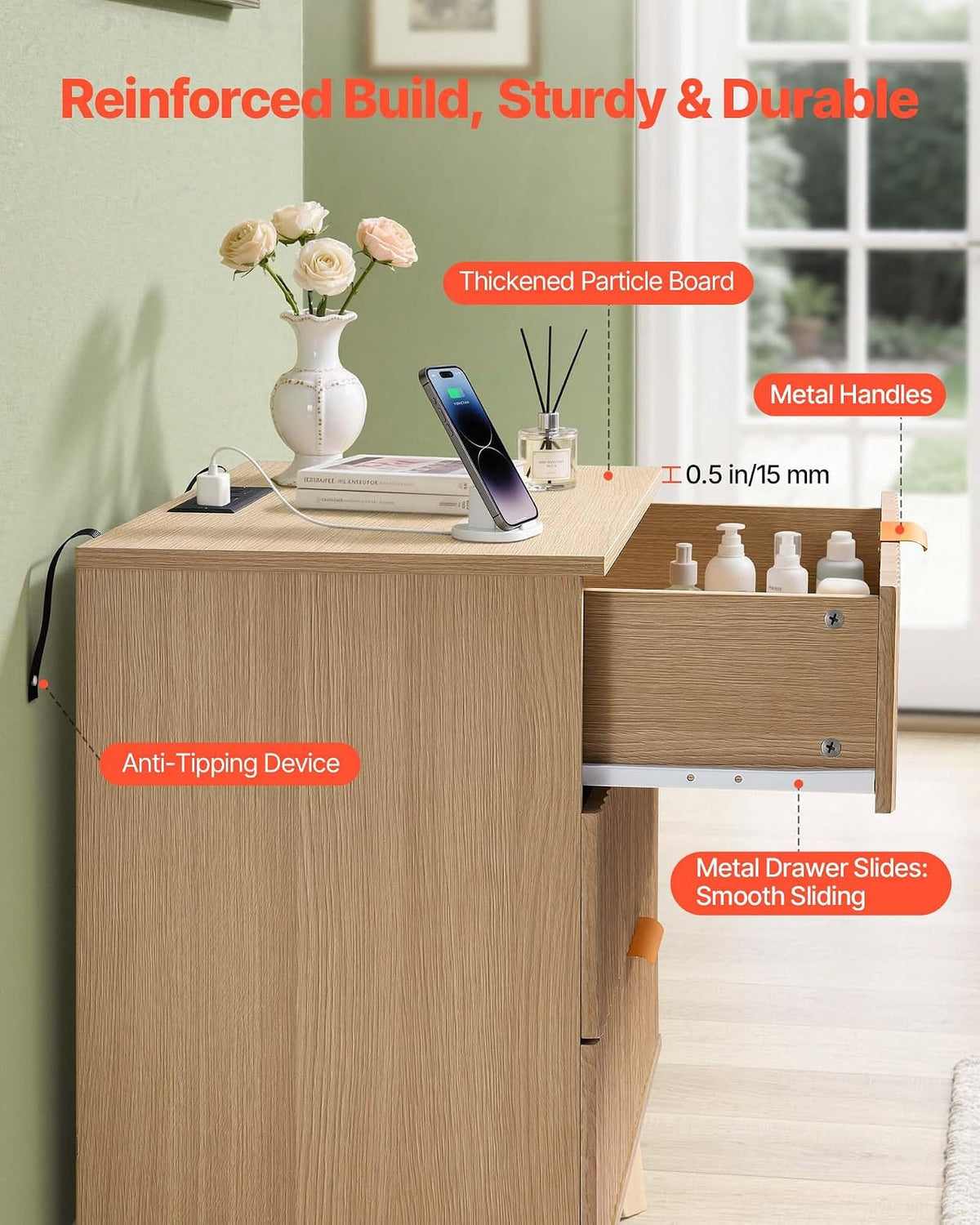 VEVOR Mesita de Noche Acanalada con estación de Carga, 3 cajones, cómoda para Dormitorio, Mesa Auxiliar Moderna de Mediados de Siglo, mesita de Noche, Mueble de Almacenamiento, cómoda, Color Caqui