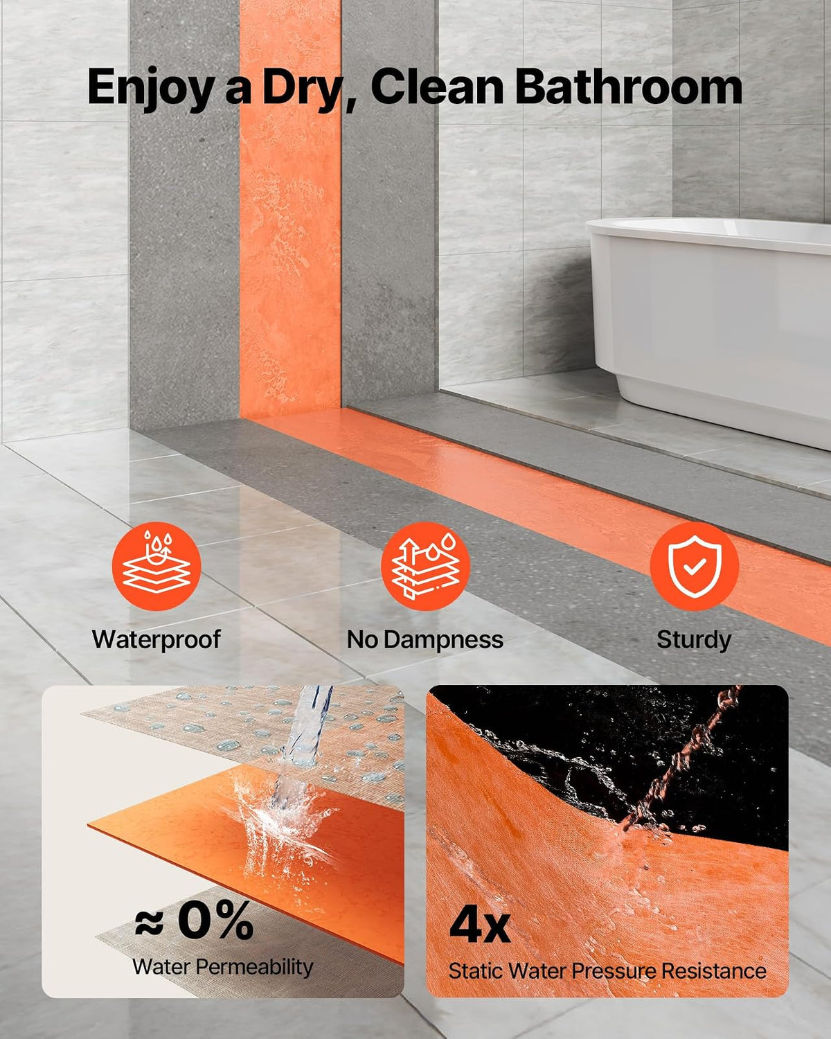 VEVOR Membrana Impermeable de Polietileno 1 x 10 m 10 m² Espesor de 0,5 mm, Lámina Impermeabilizante 1 Rollo, Tela no Tejida de 2 Capas, Membrana para Ducha para Azulejo, Cerámica, Pared, Naranja