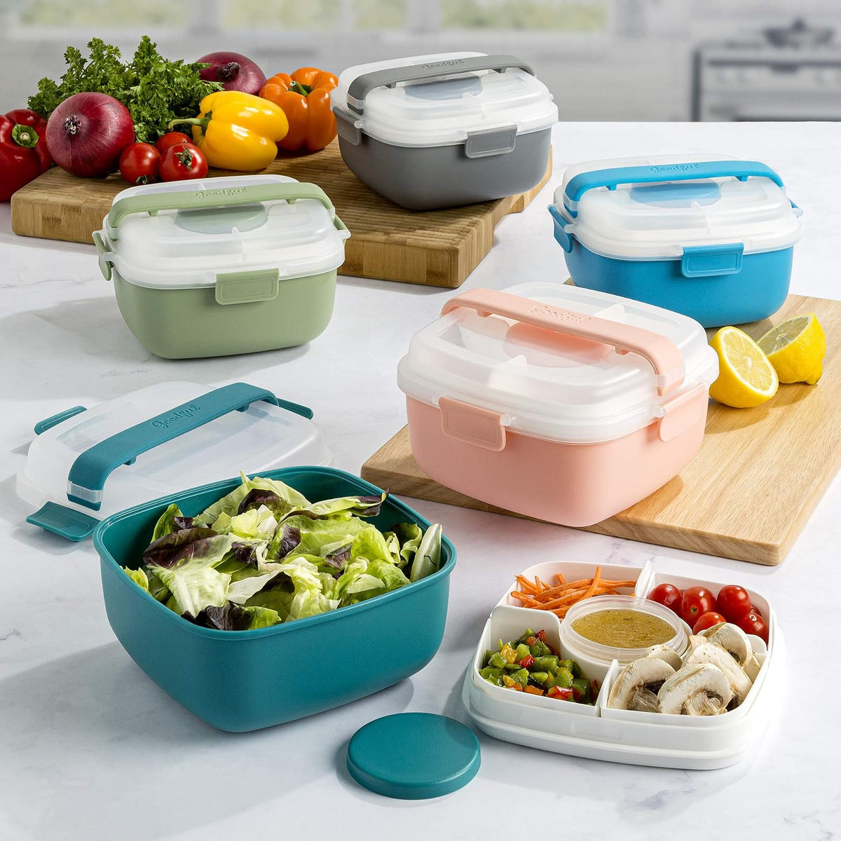 Goodful Contenedor apilable para fiambrera, almacenamiento de alimentos estilo Bento con compartimentos extraíbles para sándwich, aperitivos, coberturas y aderezo, a prueba de fugas y fabricado sin