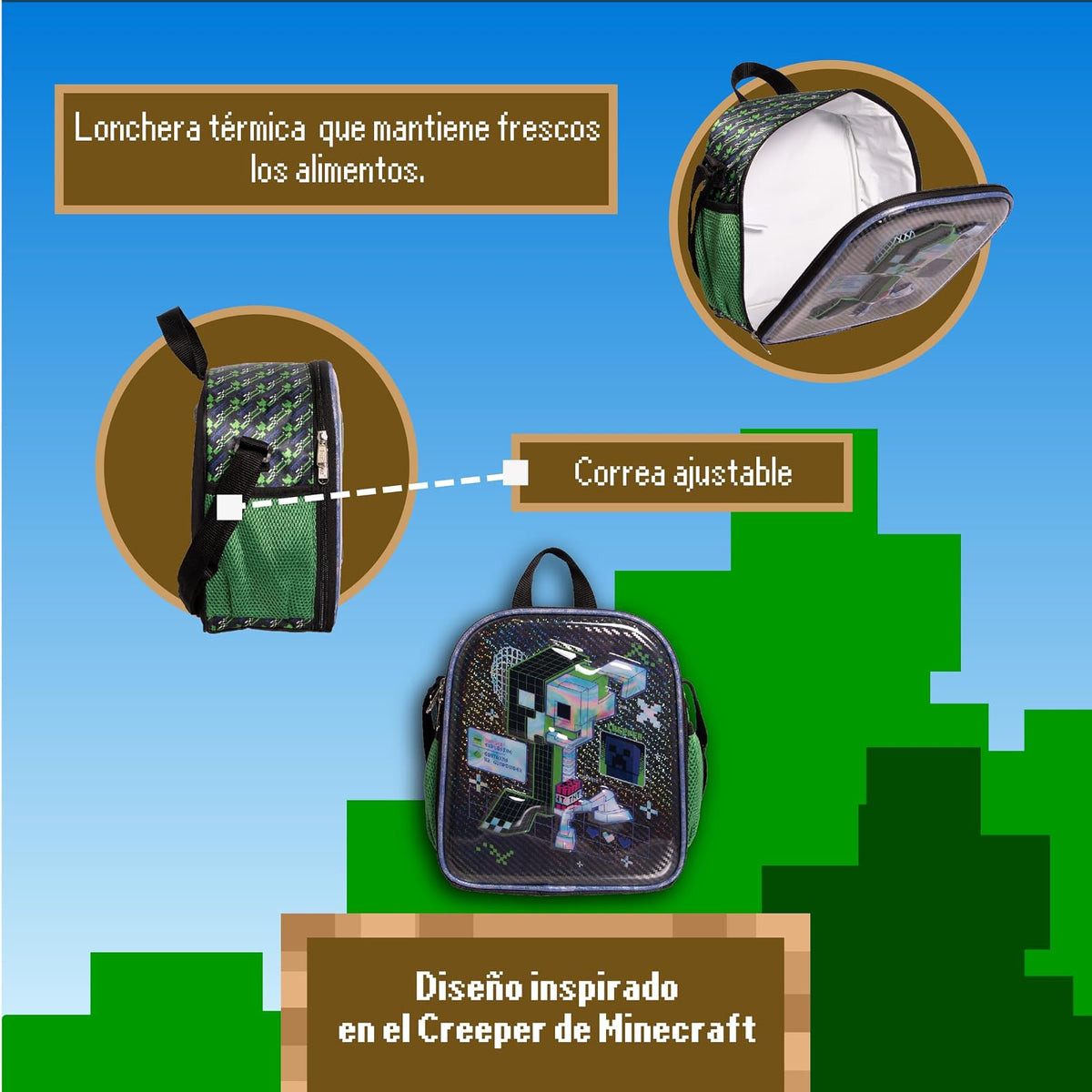 Ruz Lonchera Infantil y Preescolar | Minecraft | 100% Poliéster Capacidad 3 Litros | Lonchera con Diseño para Niños con Compartimento Interno y Cierre de Cremallera | Recomendado desde 3 años