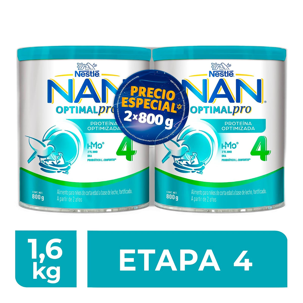 NAN 4 Optimal Pro, Alimento Para Niños de Corta Edad a Base de Leche, Fortificado, Proteína Optimizada, A Partir de 2 Años, Pack de 2 Latas de 800 g c/u
