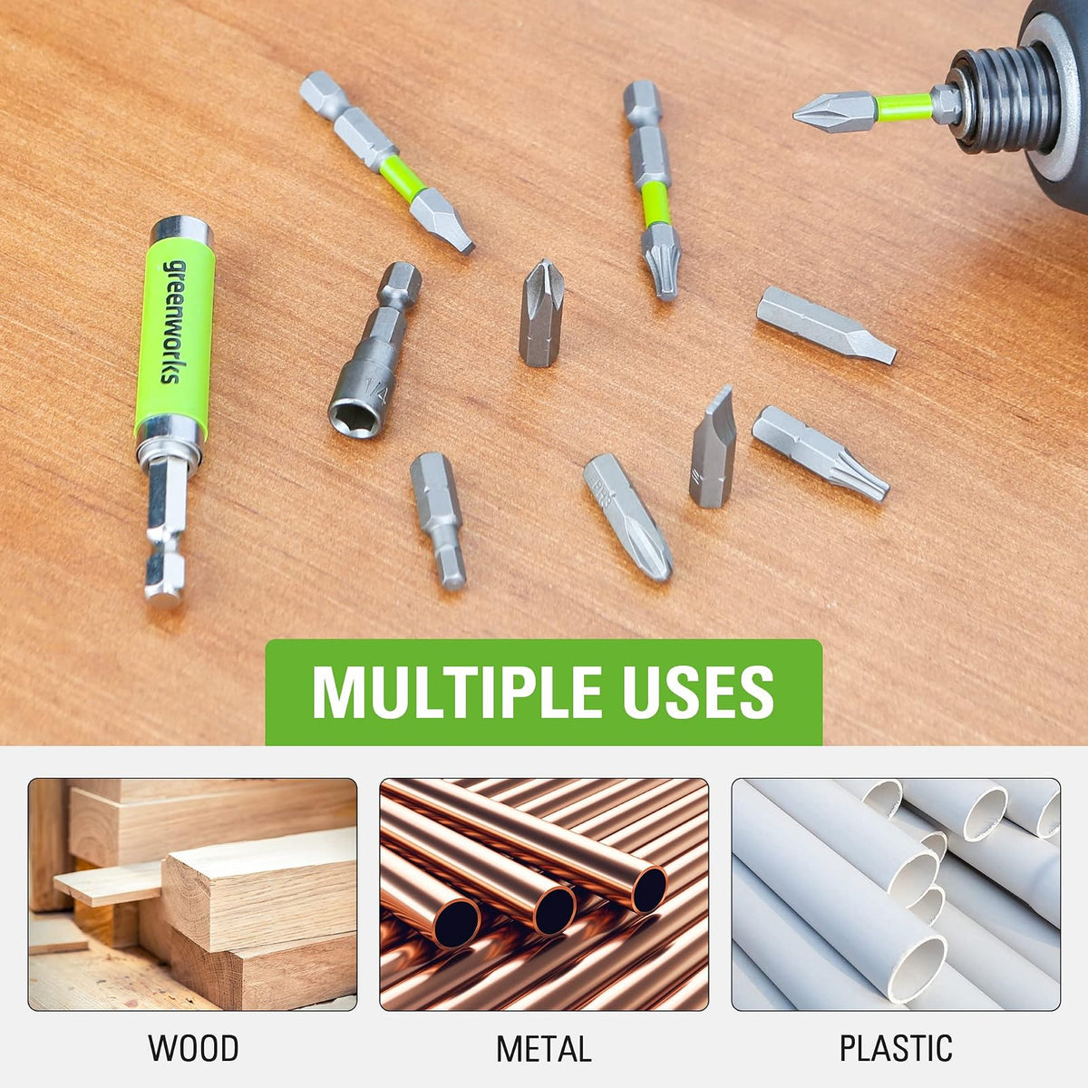 Greenworks Juego de 70 piezas de conducción con clasificación de impacto, juego de puntas de destornillador, broca fresada de precisión, funda modular, soporte magnético para brocas
