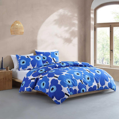 MARIMEKKO - Juego de Funda de edredón Reversible tamaño Full/Queen, percal de algodón con Fundas Decorativas a Juego, diseño Floral Unikko en Azul, Ropa de Cama para el hogar