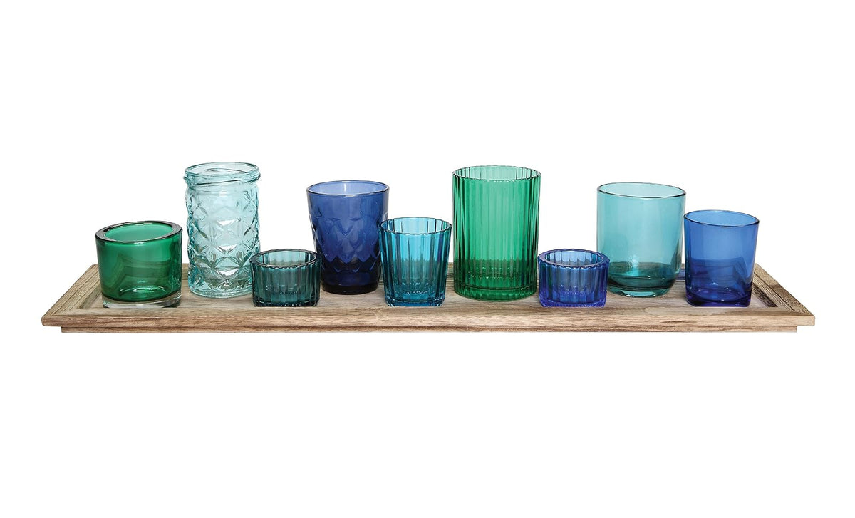 Creative Co-Op Bandeja de Madera con 9 Soportes votivos de Vidrio Azul y Verde