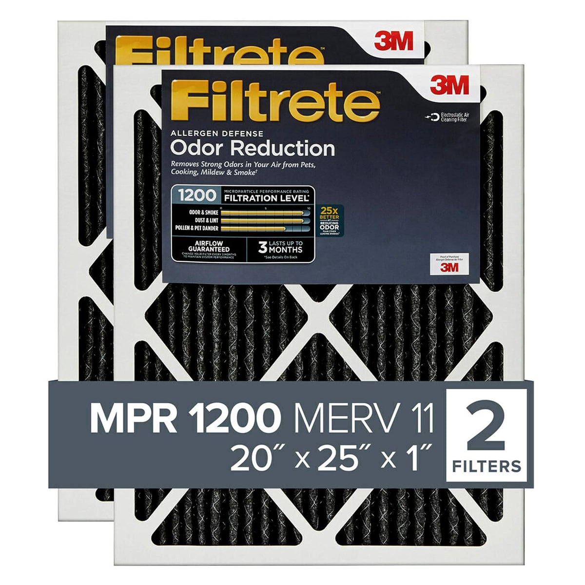 Filtrete Filtro de Aire de 20 x 25 x 1, MPR 1200, MERV 11, reducción de olores de Defensa de alérgenos 3 Meses Plisados filtros de Aire de 1 Pulgada, 2 filtros, Negro - 20x25x1 - 2