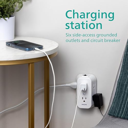 Philips, Multicontacto De Pared De 6 Salidas con Accesos Laterales E Interruptor De Voltaje Reseteable con Conexión A Tierra, Perfecto para Cargar Teléfonos Móviles, Blanco, 1 Unidad, SPS1460WA/37