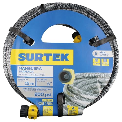 Surtek M12T15P Manguera para jardín tramada gris con conector plástico 1/2", 15 m