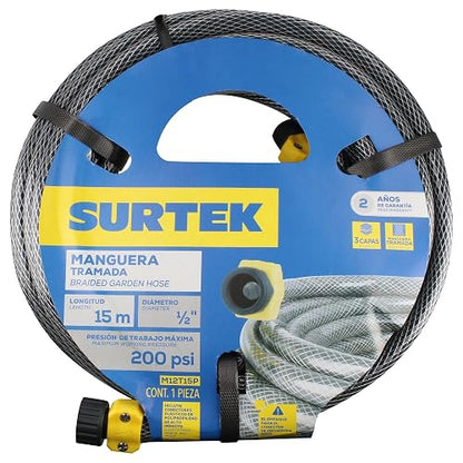 Surtek M12T15P Manguera para jardín tramada gris con conector plástico 1/2", 15 m