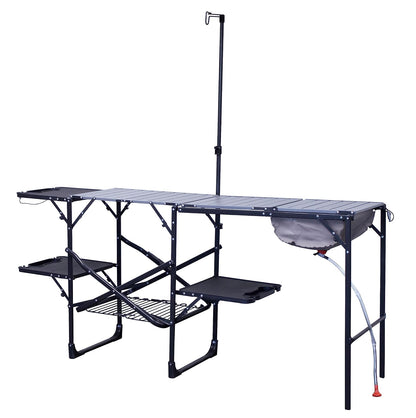 GCI Outdoor Master Cook Station | Mesa de cocina plegable portátil con fregadero de carcasa suave, mesa resistente al calor y poste telescópico, perfecta para viajes de campamento