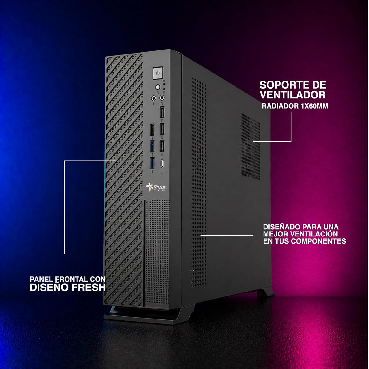Gabinete Slim Mince ITX Negro con Fuente de Poder 500W Stylos Tech