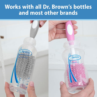 Dr. Brown's Cepillo de Limpieza de biberones de bebé Suave al Tacto, sin arañazos, Limpiador de pezones con Soporte y Clip de Almacenamiento, sin BPA, Rosa, 1 Paquete, AC229