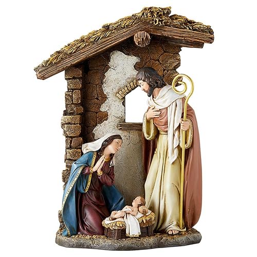 Avalon Gallery - Figuritas de Navidad - Joseph Mary and Jesus in Stable Mesa Central Nativity Figurine, 10 Pulgadas, Belén Estable