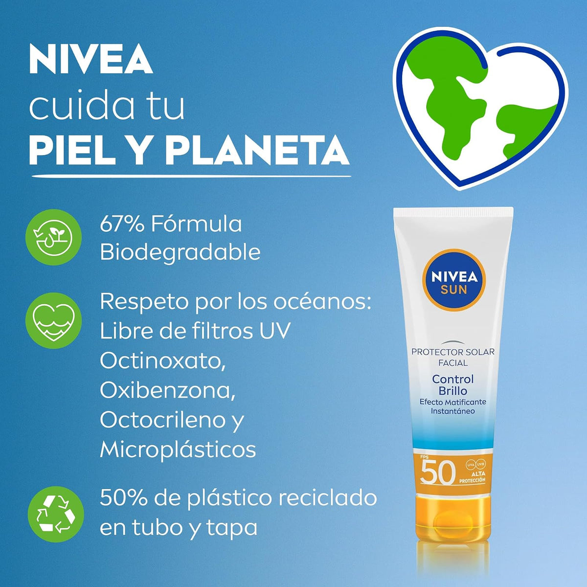 NIVEA SUN Protector Solar Facial Control Brillo Con Efecto Matificante Instantáneo y Protección Muy Alta De FPS50+ 50ml.Textura Ligera y Sin Sensación Grasosa Que Mantiene La Piel Fresca Y Libre De Oleosidad.