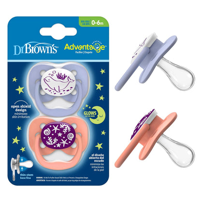 Dr. Brown's Advantage Glow-in-The-Dark 2 Piece Stage 1 Pacifiers, Pink, 0-6 Months