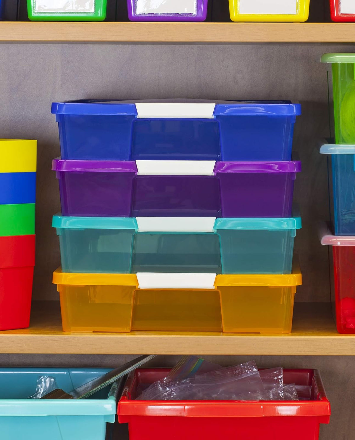 Storex Classroom Craft Project Box – Organizador de plástico apilable para papel de álbum de recortes de 12 x 12 pulgadas, varios colores de vapor, paquete de 5 (63202C05C)