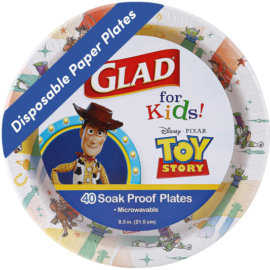 Glad for Kids Disney Pixar Toy Story - Platos de papel desechables a prueba de remojo, aptos para microondas, vajilla apta para niños para uso diario, 8.5 pulgadas, 40 unidades