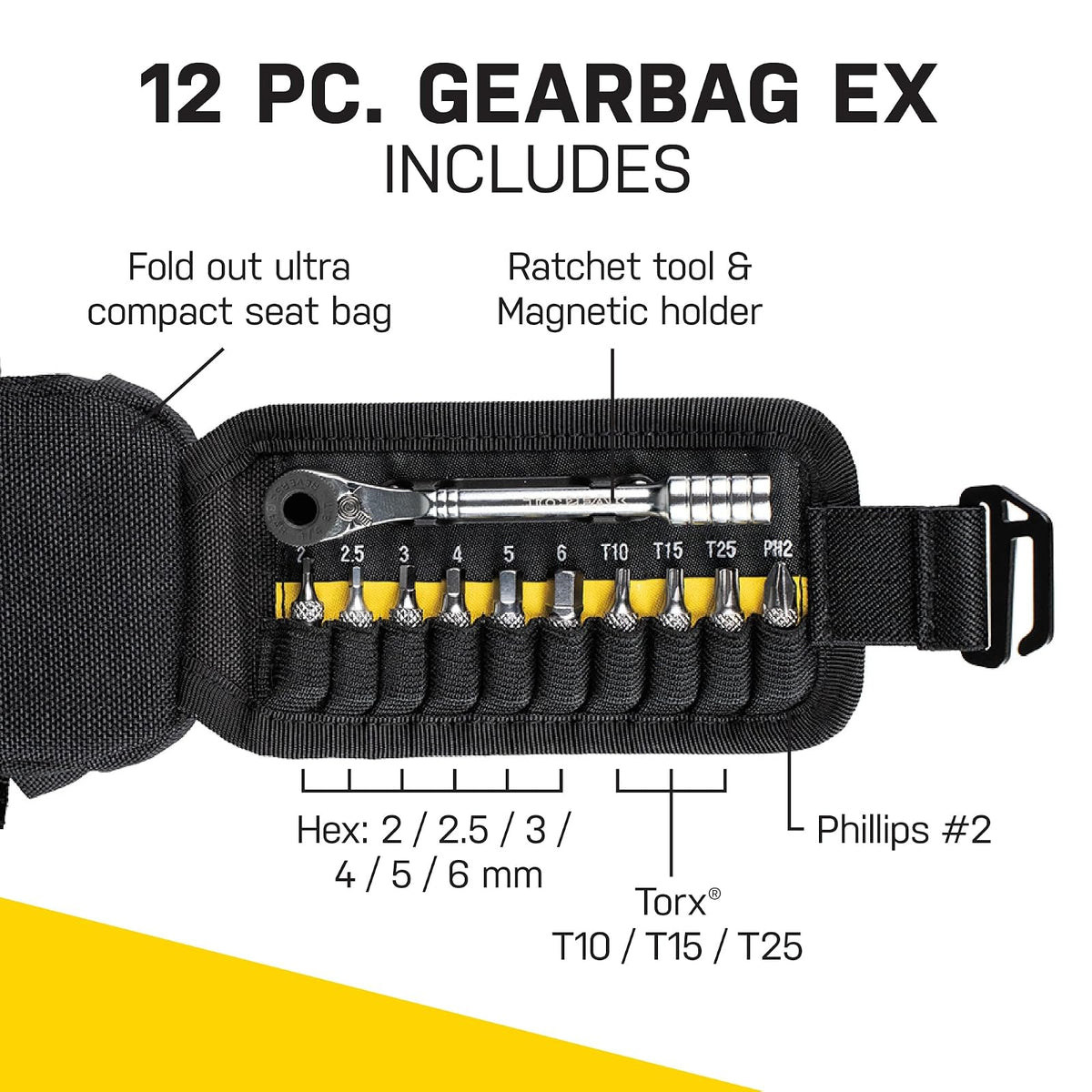 Topeak Elementa GearBag o GearBag EX - Bolsa compacta para bicicleta debajo del asiento con juego de herramientas de carraca, almacenamiento de 0.3 L, EX, compartimento plegable para herramientas
