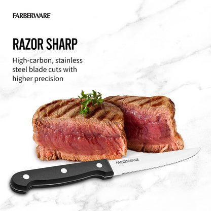Farberware Juego de 4 cuchillos de carne de acero inoxidable con triple remache 'Never Needs Sharpening', color negro