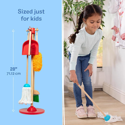 Melissa & Doug ¡Juguemos de Casita! Juego de Limpieza: ¡Desempolvar, Barrer, Fregar! Set de Juego de Imitación de Tamaño para Niños, con Escoba, Trapeador, Plumero y Base (6 Piezas)
